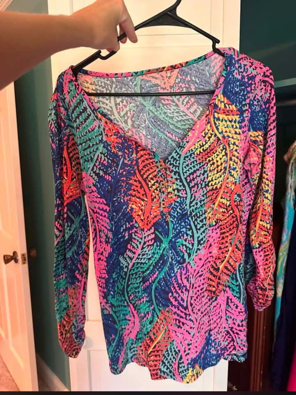 Vibrant Multi-Color Leaf Print V-Neck Top